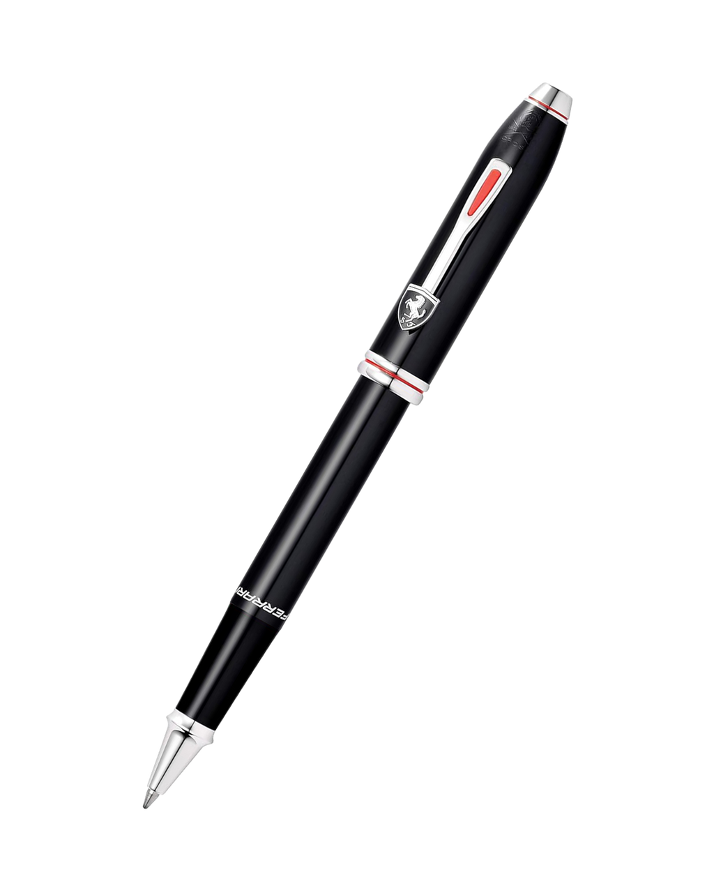 Black pen with a logo on a white background