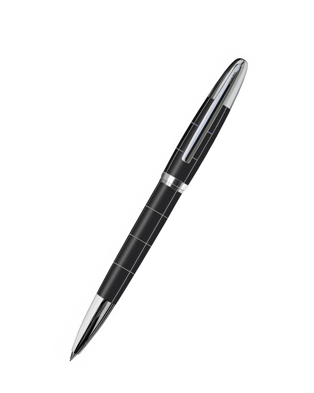 Black pen with silver accents on a white background