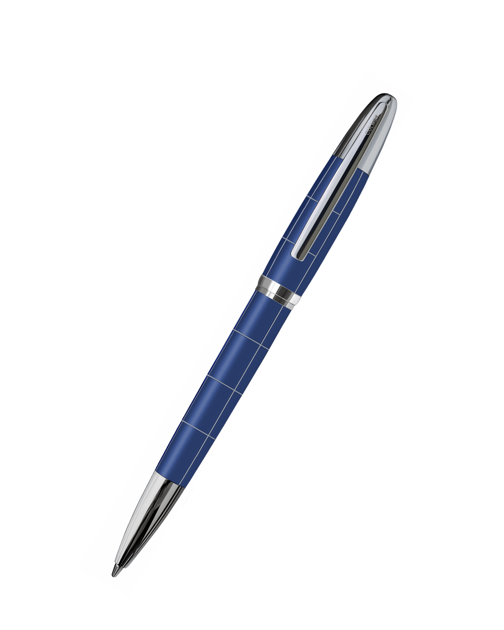 Blue pen with silver accents on a white background