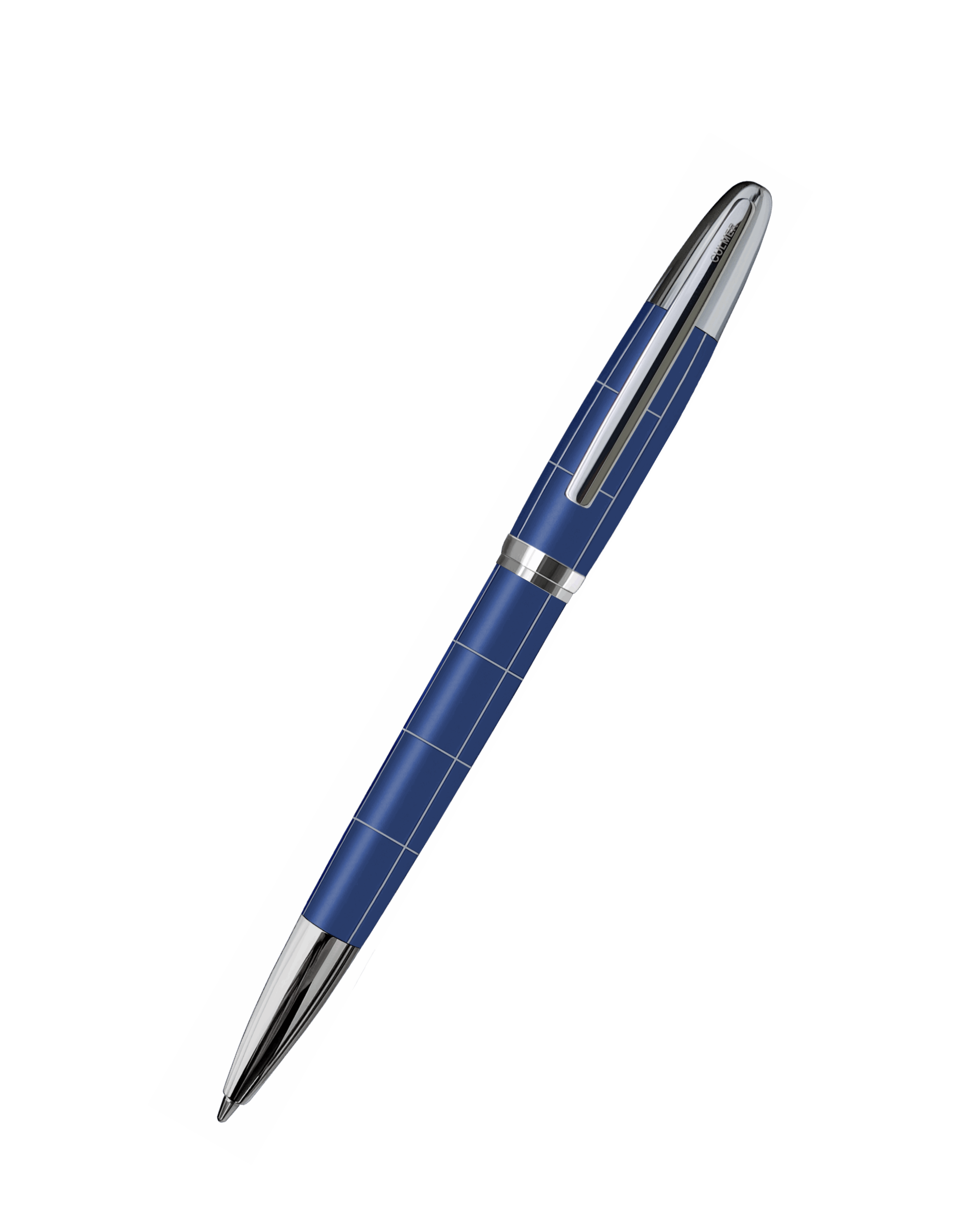 Blue pen with silver accents on a white background