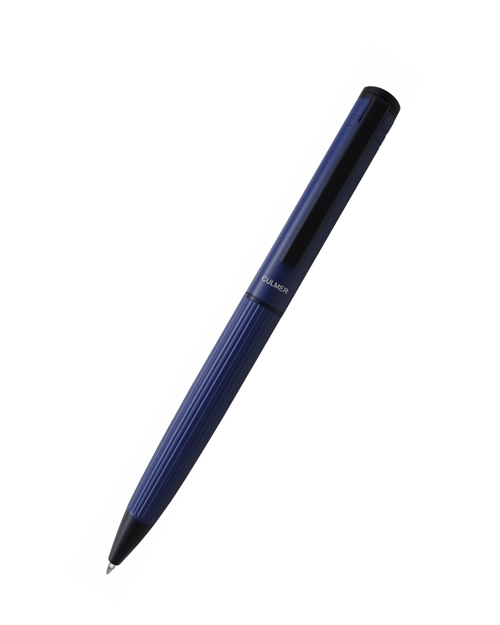 Blue pen with a textured grip on a white background