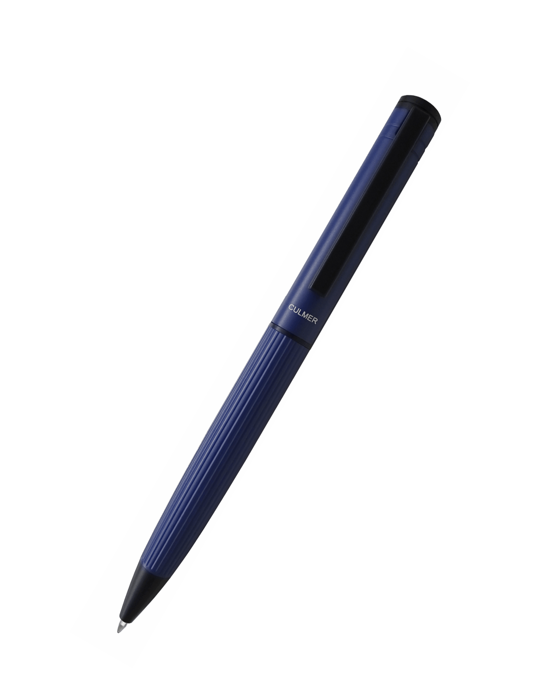 Blue pen with a textured grip on a white background