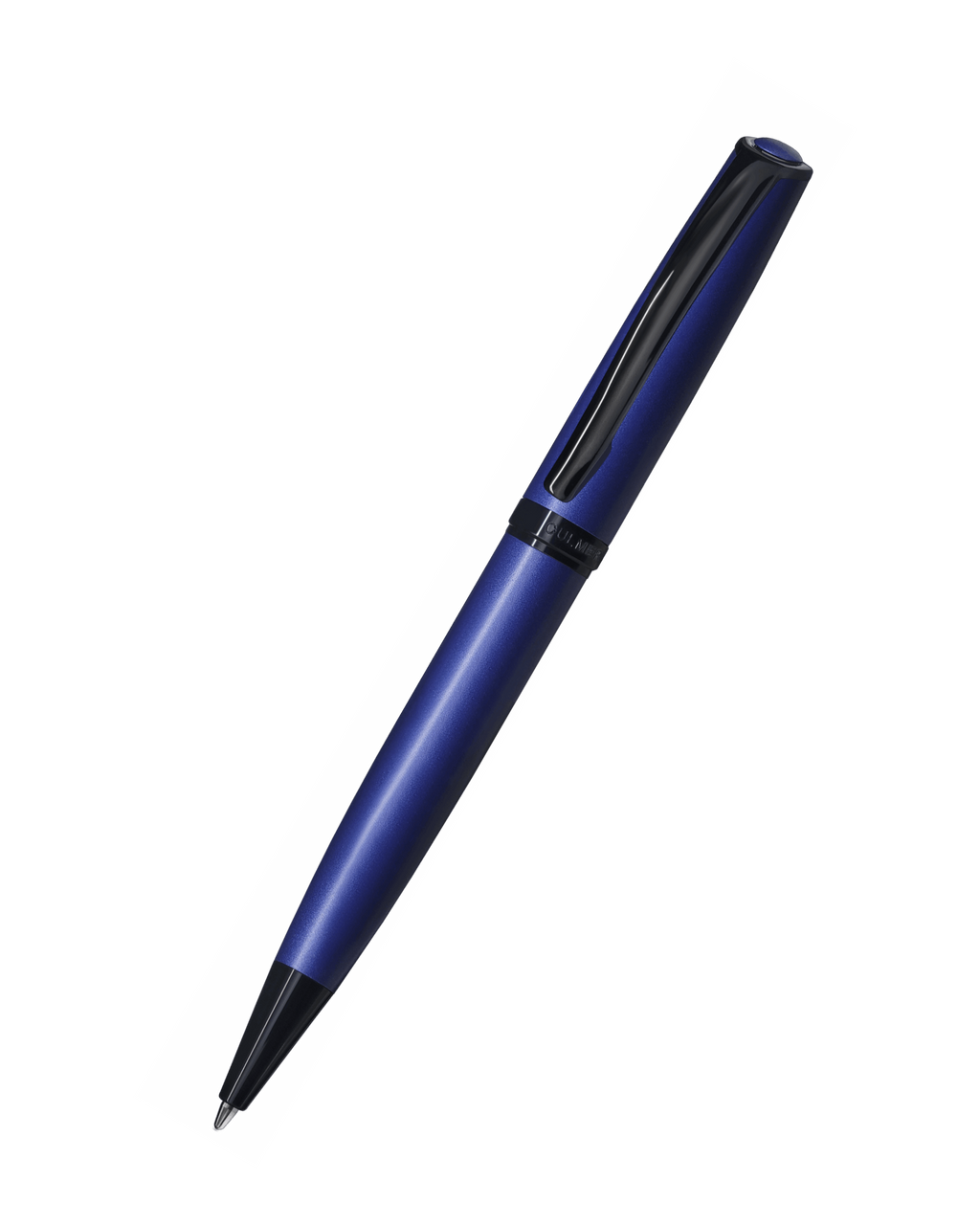 Blue pen with black accents on a white background