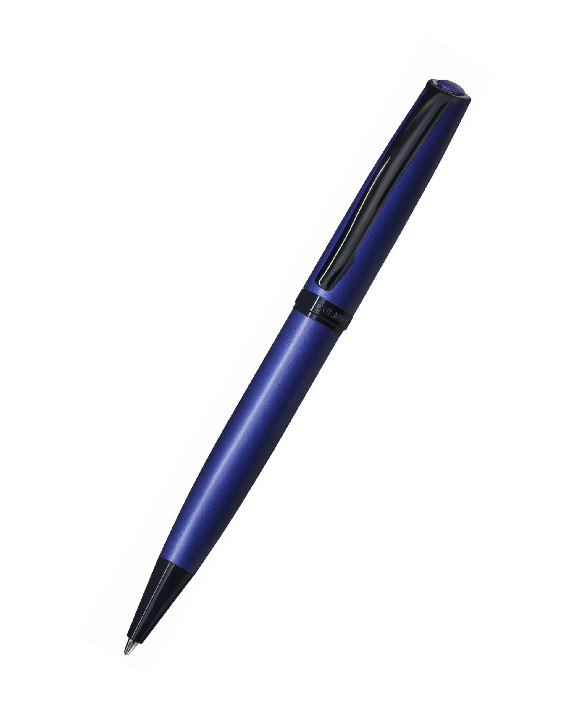 Blue pen with black accents on a white background