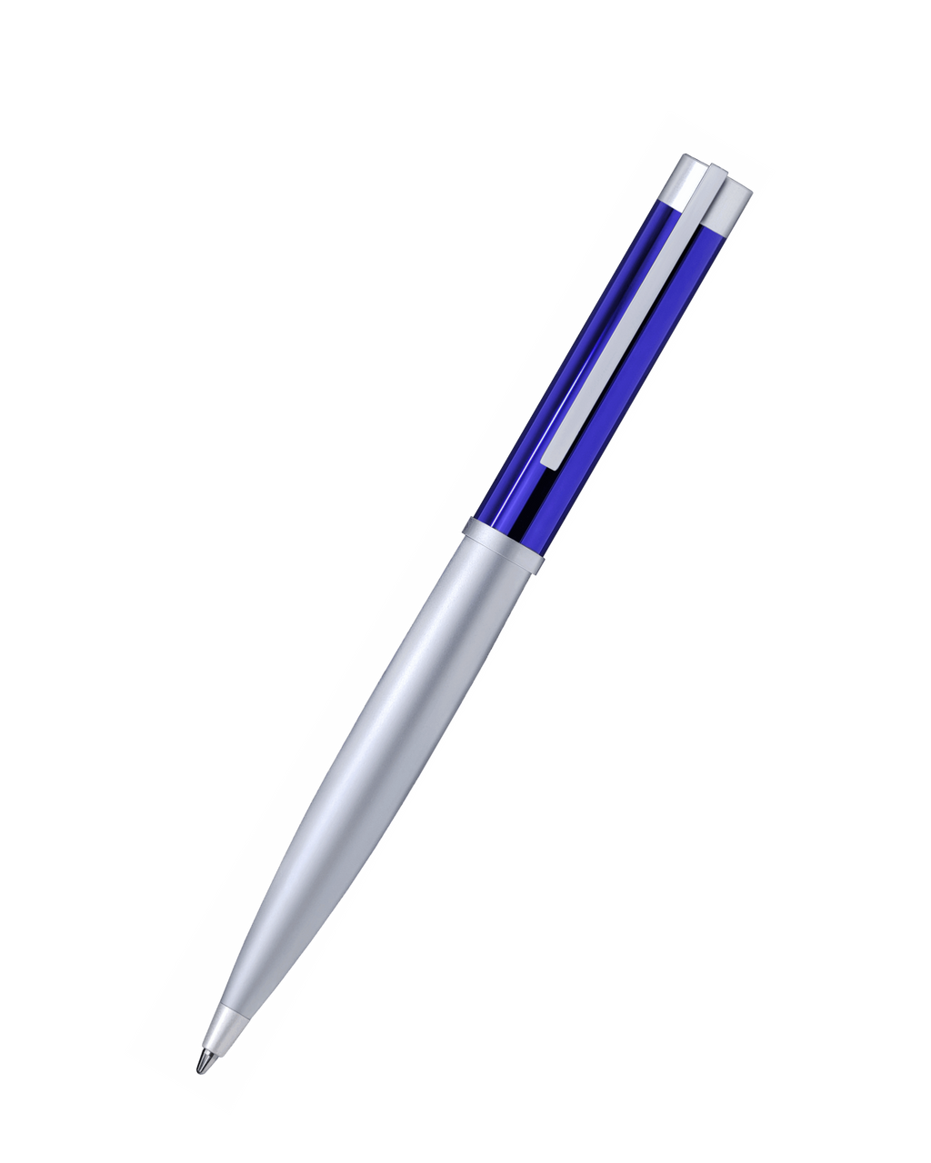 Pen with blue and silver design on a white background