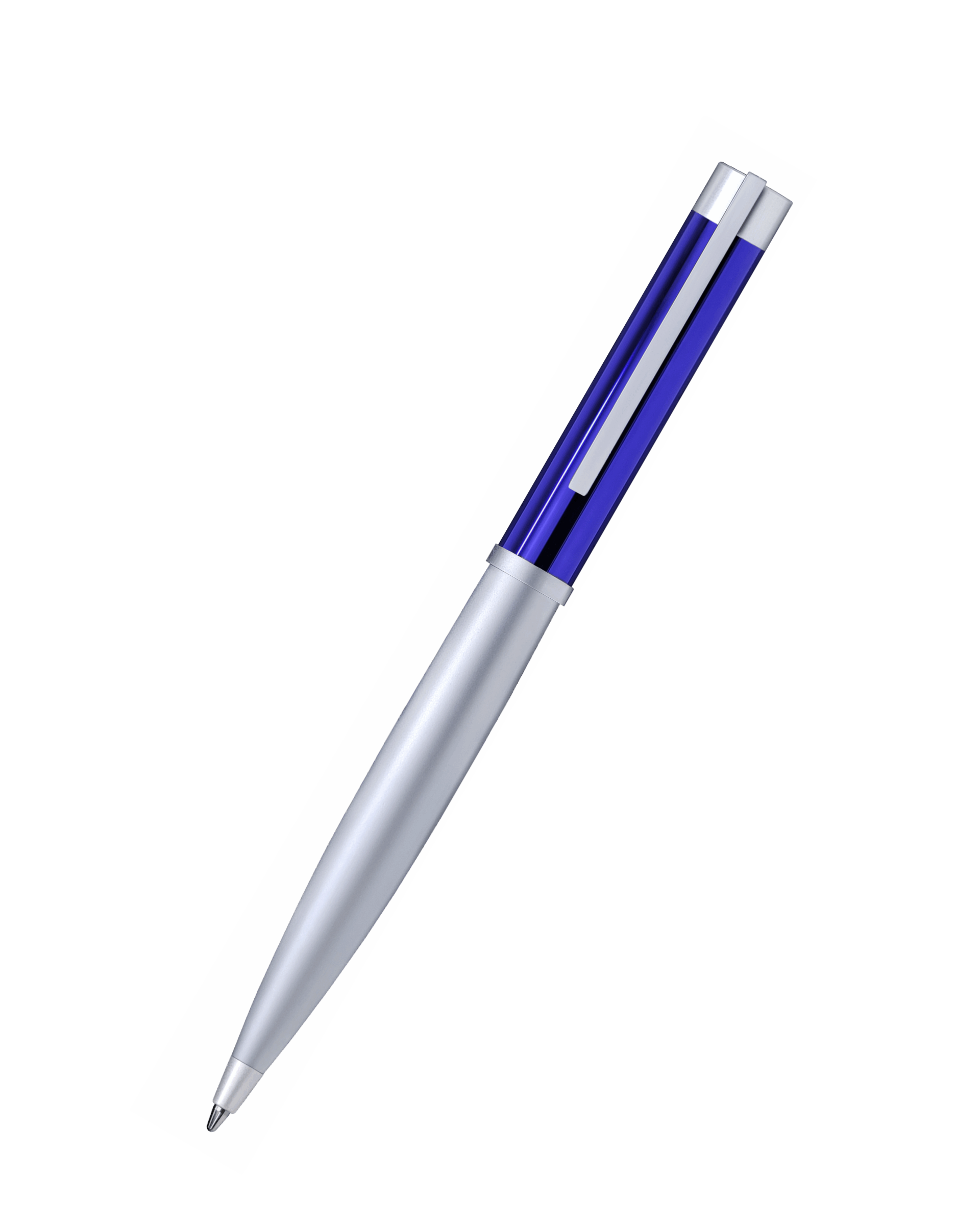 Pen with blue and silver design on a white background